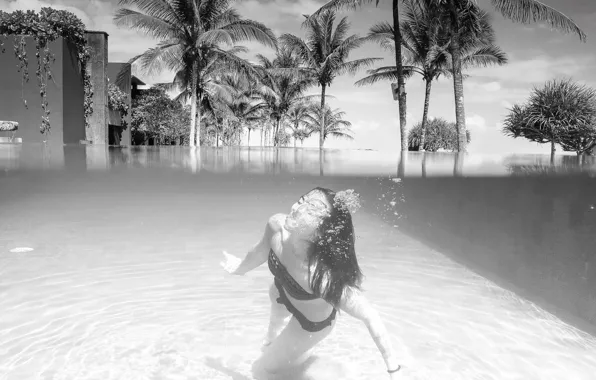 Summer, girl, pool, bikini, the hotel, coconut trees