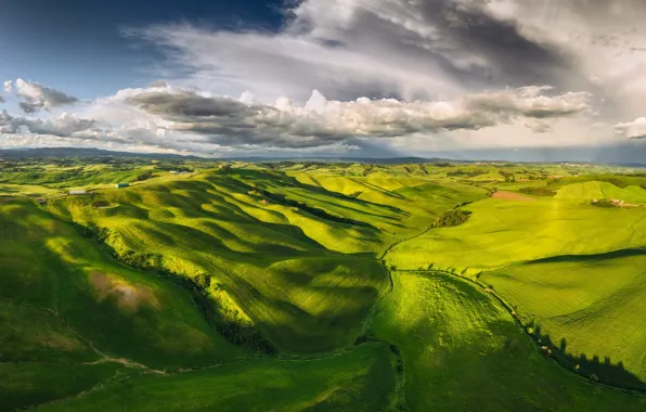 Clouds, light, trees, mountains, hills, view, road, dal