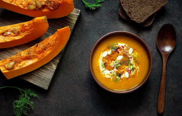 Greens, seeds, dill, plate, bread, spoon, soup, pumpkin