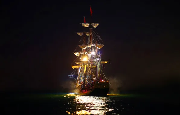 Sea, night, lights, sailboat