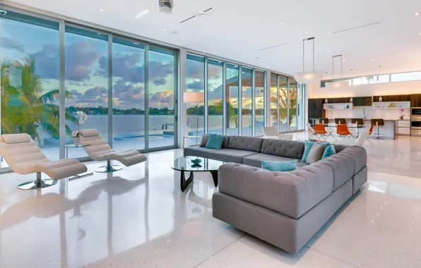 Design, space, style, Villa, interior, kitchen, living room, dining room