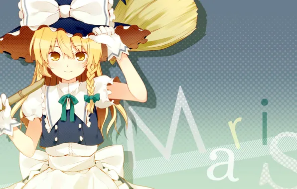 Hat, gloves, braid, broom, bow, touhou, kirisame marisa