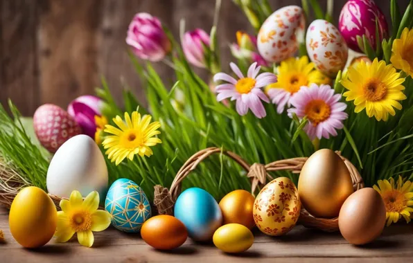 Flowers, eggs, spring, colorful, Easter, flowers, spring, Easter