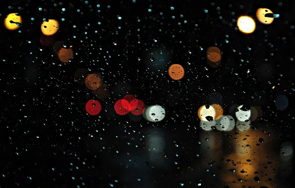 Glass, drops, the city, lights, rain, the evening, bokeh