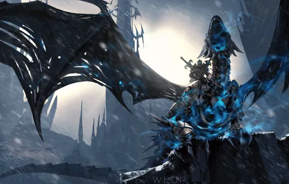 Picture World of Warcraft, fantasy, Lich King, game, Warcraft, rain, armor, wings