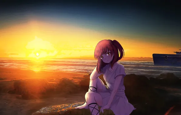 Sea, beach, girl, the sun, clouds, sunset, ship, anime