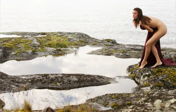 Grass, water, girl, river, stones, moss, fabric, brown hair
