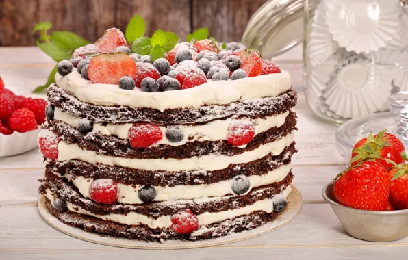 Berries, raspberry, blueberries, strawberry, cake, cream, powdered sugar, chocolate cakes