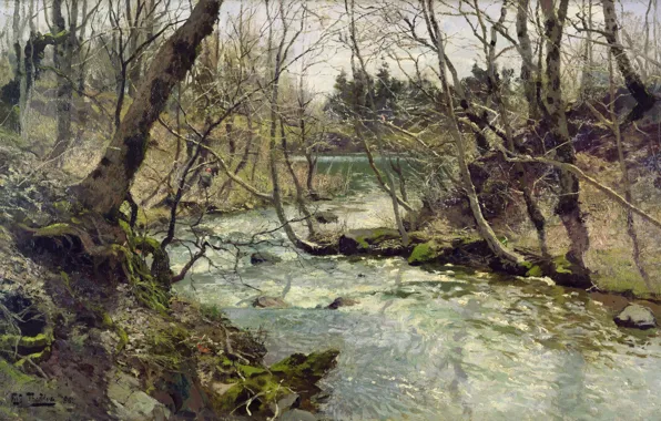 Trees, river, impressionism, Frits Thaulov, Elv, Northern European painting