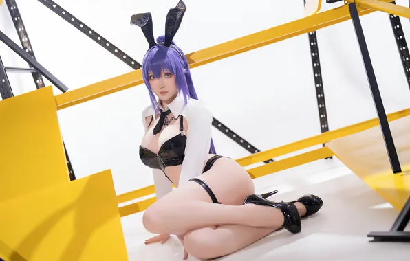 Long hair, blue eyes, model, women, cosplay, lying down, blue hair, bunny girl