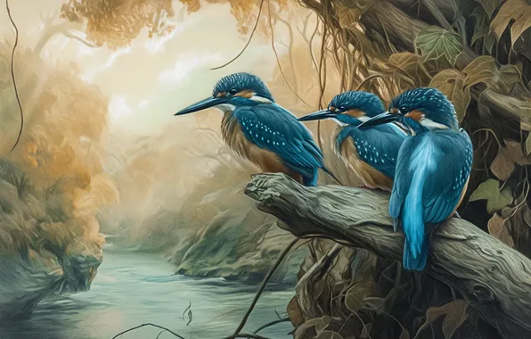 Leaves, birds, nature, tree, shore, branch, painting, trio
