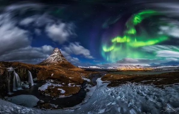 Stars, clouds, snow, night, rocks, mountain, waterfall, Northern lights