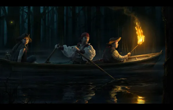 Water, girl, night, fiction, boat, dark, fantasy, pirate