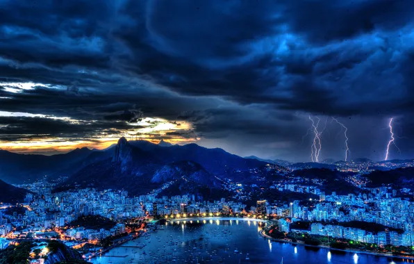 The storm, the sky, night, clouds, lights, lightning, Bay, harbour
