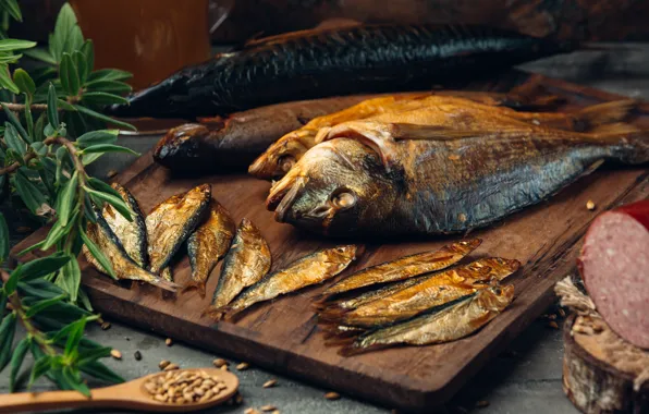 Leaves, table, food, fish, spoon, sausage, spices, cutting Board