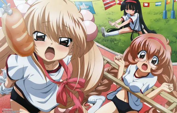 Grass, blush, Schoolgirls, flags, lesson, roll, sports uniforms, warm-up