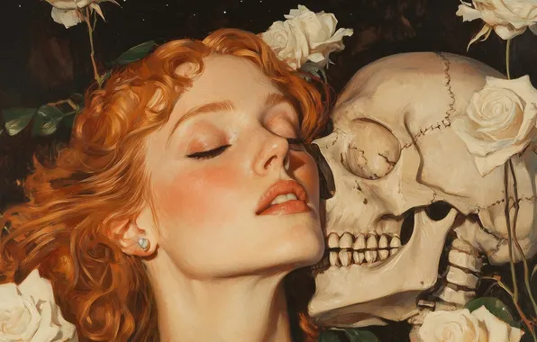 Girl, flowers, skull, portrait, roses, red, painting, white roses