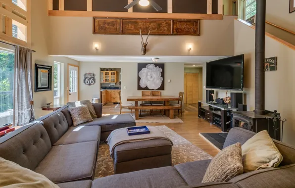 Interior, kitchen, fireplace, living room, dining room, ranch, village house, The Rustic at Lake Wenatchee