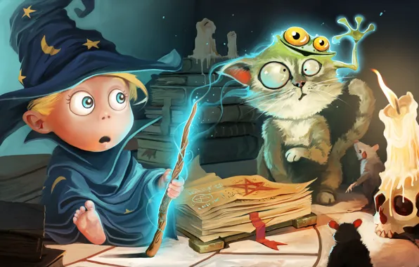 Picture cat, magic, books, skull, frog, surprise, hat, candles