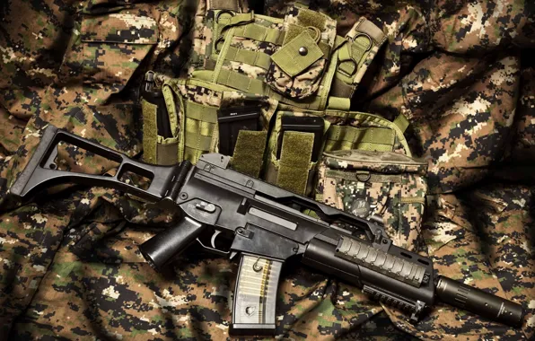 Equipment, automatic rifle, camouflage fabric