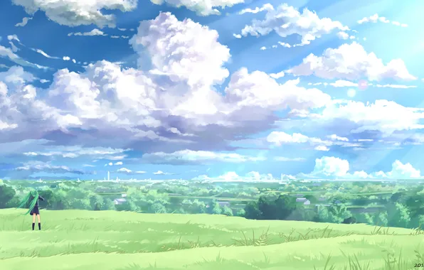 Picture field, the sky, girl, the wind, vocaloid, hatsune miku, Vocaloid, art