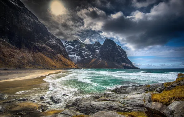 Picture the sky, water, clouds, mountains, shore