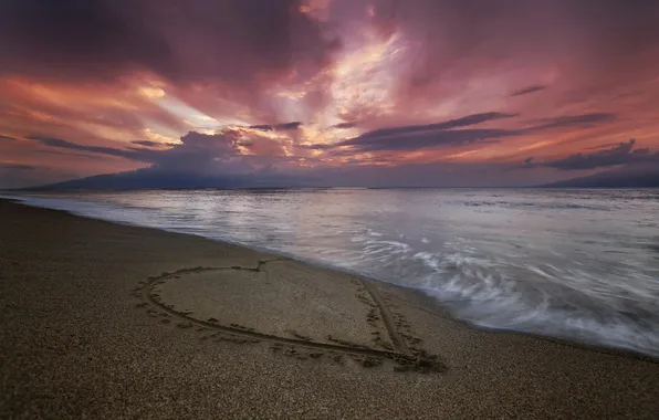 Sand, sea, beach, dawn, heart