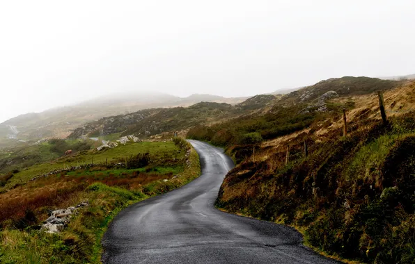 Road, fog, hills