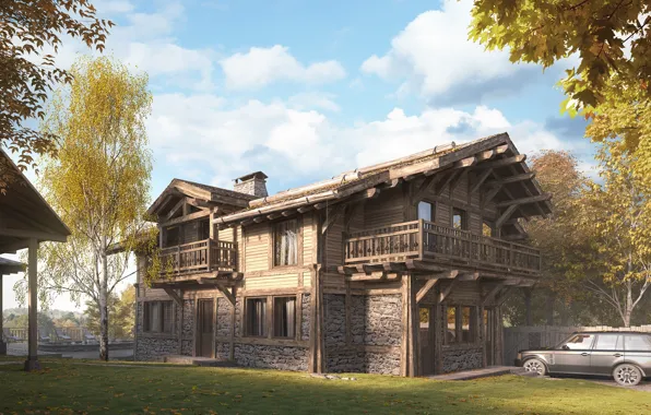 House, lawn, car, architecture, CHALET HOUSE