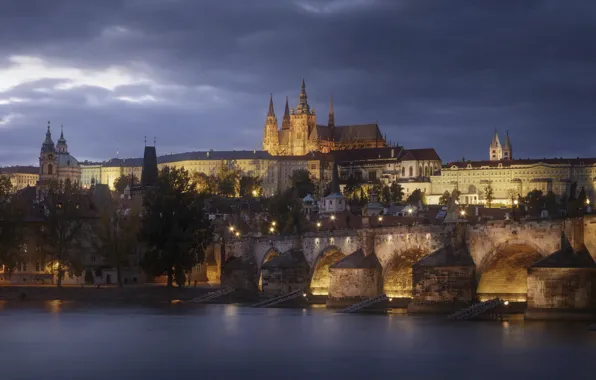 The city, river, building, the evening, Prague, Czech Republic, lighting, tower