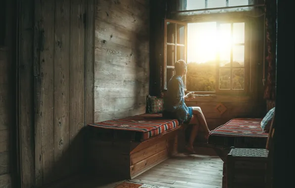 Picture forest, girl, the sun, bench, house