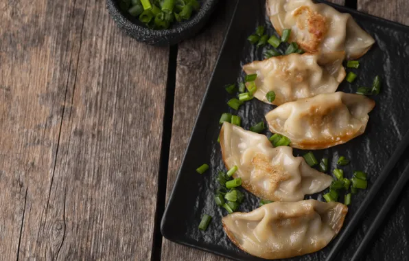 Board, dumplings, fried, green onions