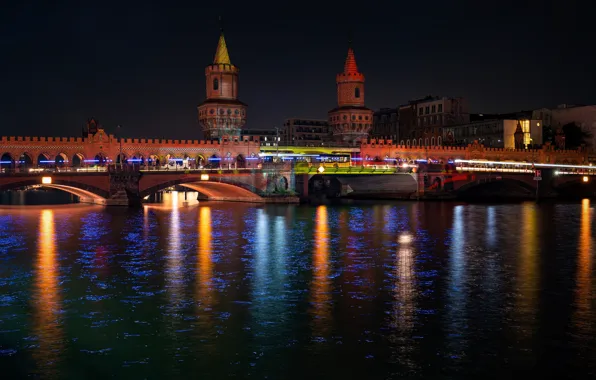Picture night, bridge, lights, river, home, Germany, lights, Berlin