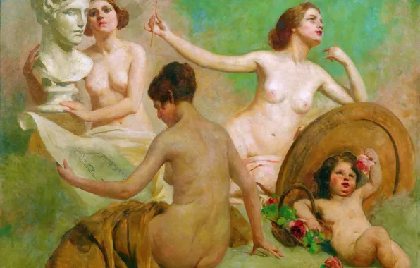 Picture Girls, Picture, Nude, Italian artist, Giacomo Grosso, Allegory of the Arts, Giacomo Grosso