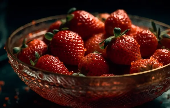 Drops, light, close-up, berries, rendering, strawberry, bowl, glass