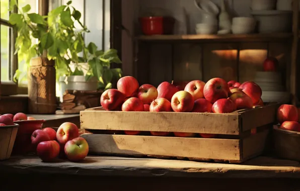 Leaves, light, table, apples, Apple, harvest, window, kitchen