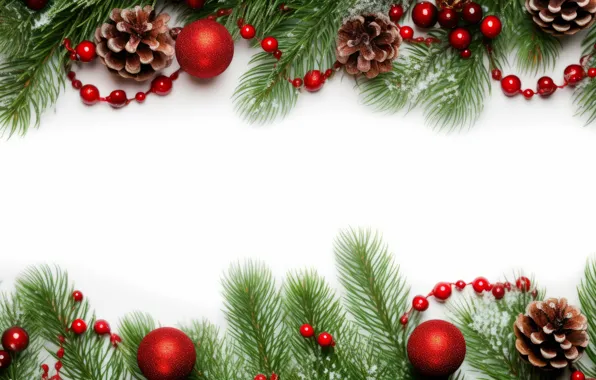 Balls, branches, Christmas, red, white background, New year, needles, bumps