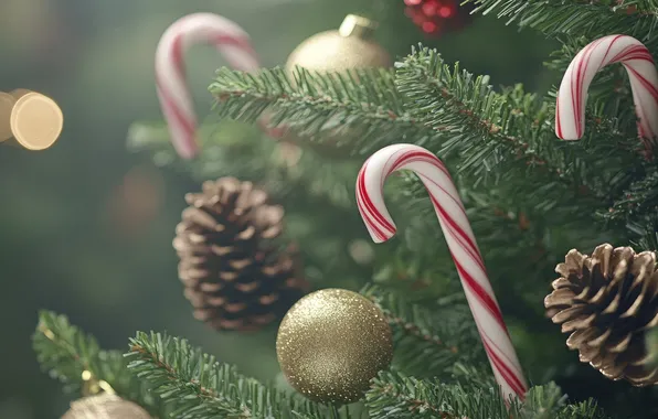 Balls, Christmas, New year, herringbone, needles, bumps, bokeh, canes
