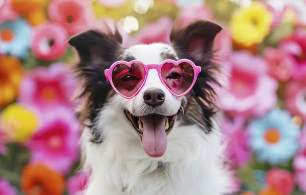Language, look, flowers, portrait, dog, glasses, hearts, face