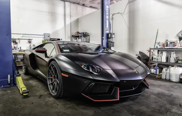 Picture Lamborghini, Black, Matte, Aventador, Garage