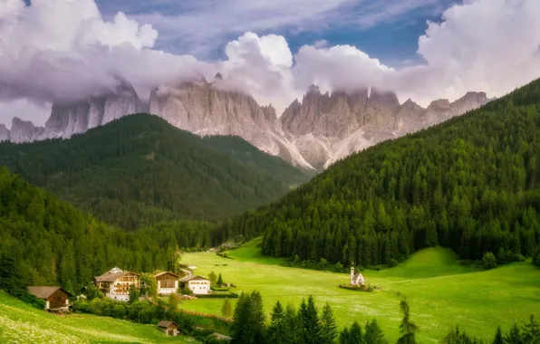 Forest, mountains, Alps, Church