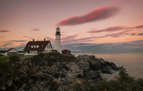 Sea, the sky, clouds, house, stones, rocks, shore, lighthouse