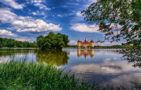The sky, trees, lake, castle, tower, Germany, Saxony, Moritzburg