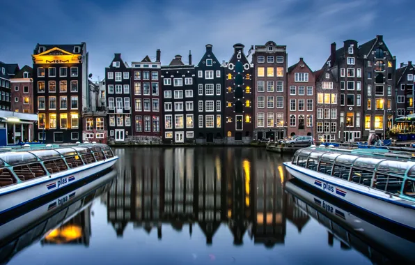 Picture reflection, building, boats, Amsterdam, channel, Netherlands, Damrak