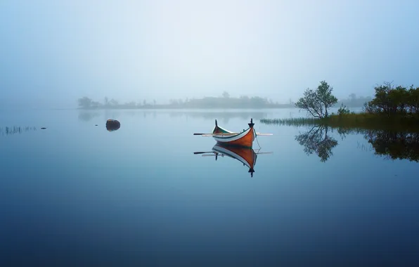 Picture fog, lake, boat