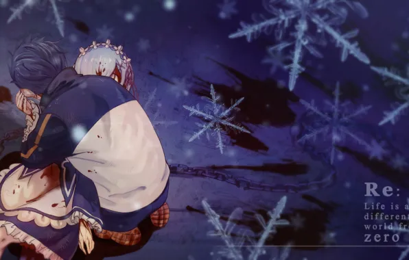 Snowflakes, blood, anime, art, drama, Subaru, Re: Zero kara hajime chip isek or Seikatsu, REM