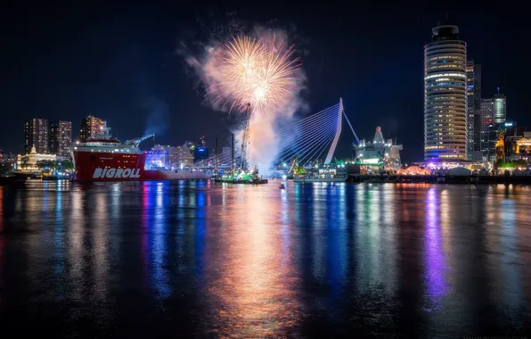 Night, lights, holiday, ship, home, salute, port, fireworks