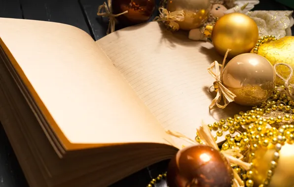 Balls, Christmas, New year, book, notebook, gold, Christmas decorations, for records