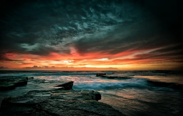 Picture sea, wave, the sky, sunset, stones, rocks