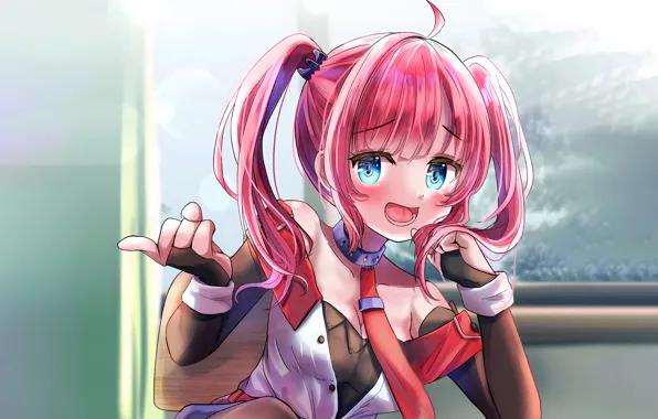 Girl, sexy, cleavage, pink hair, long hair, boobs, anime, blue eyes